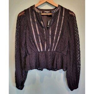 New Black Lace Long Sleeve Peplum Goth Whimsigoth Fairygrunge Top Sz XS